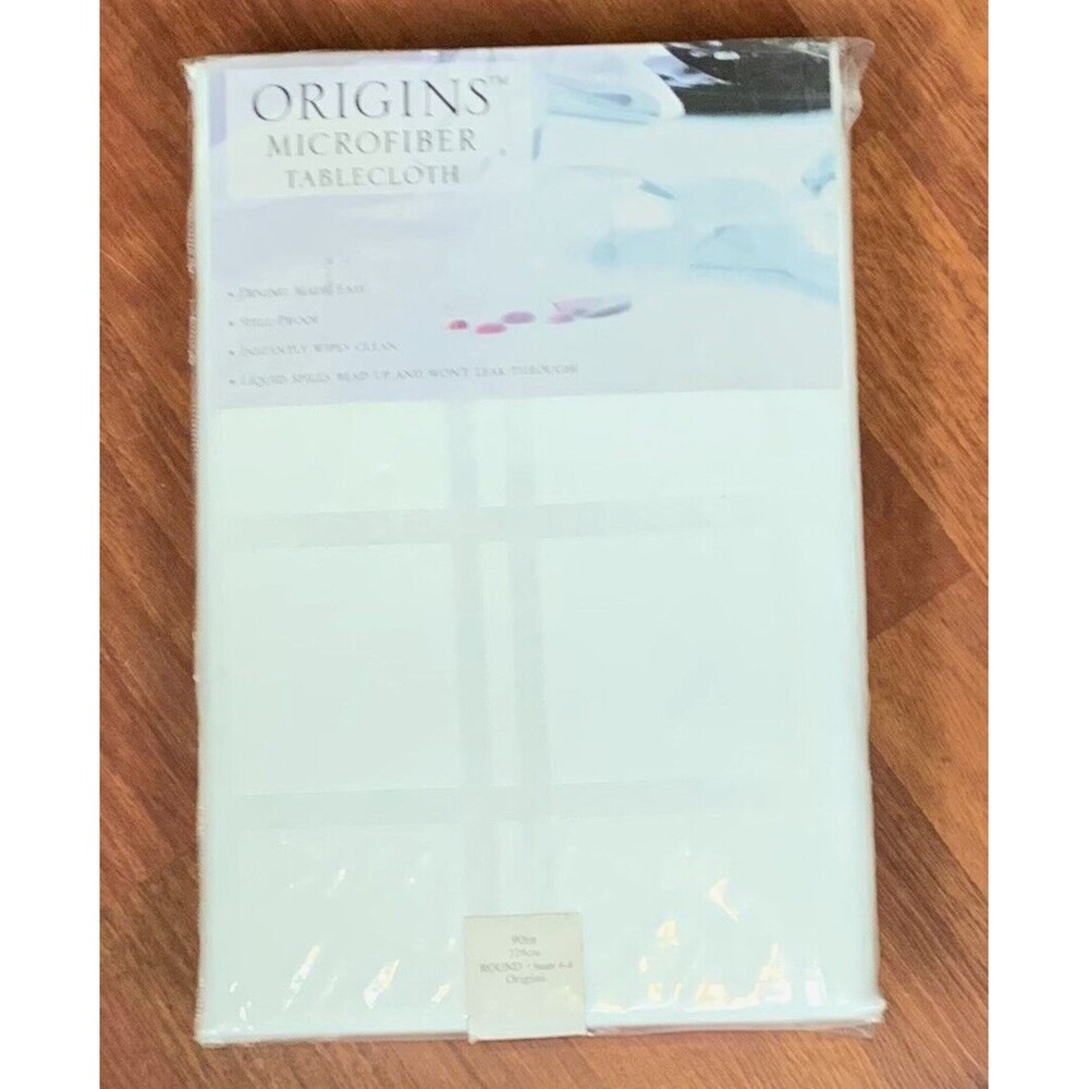 Origins Microfiber Tablecloth White 90” ROUND Spill Proof Window Pane Design NEW